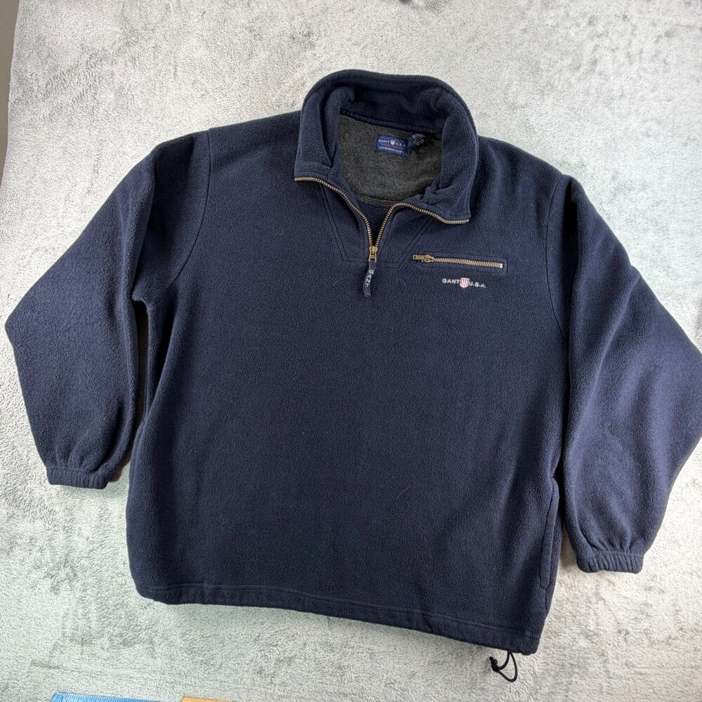 Vintage 90s GANT USA Rugger Fleece Mens Large Navy 1/4 Zip Pullover Jacket